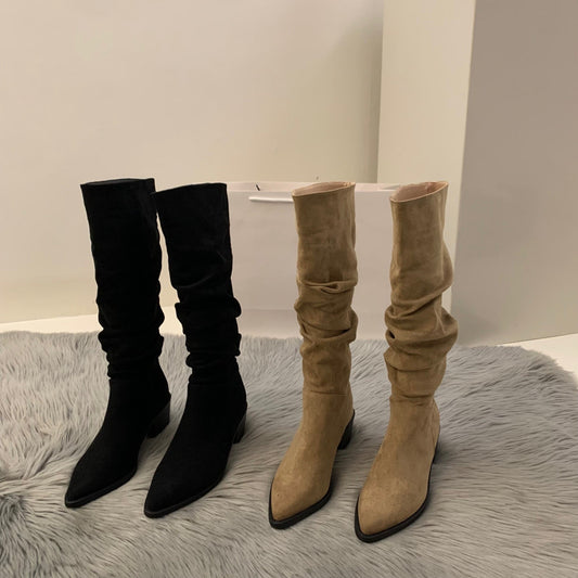 High Heel Suede Western Overknee Boots Women's Shoes Plus Velvet Pointed Pile Style Long Tube